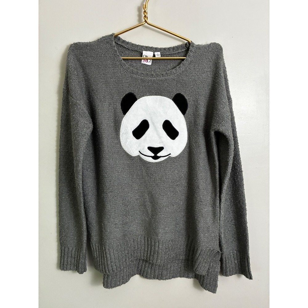 Oh MG! Panda Graphic Sweater Women L Gray Marled Knit Pullover Animal Patch Cute